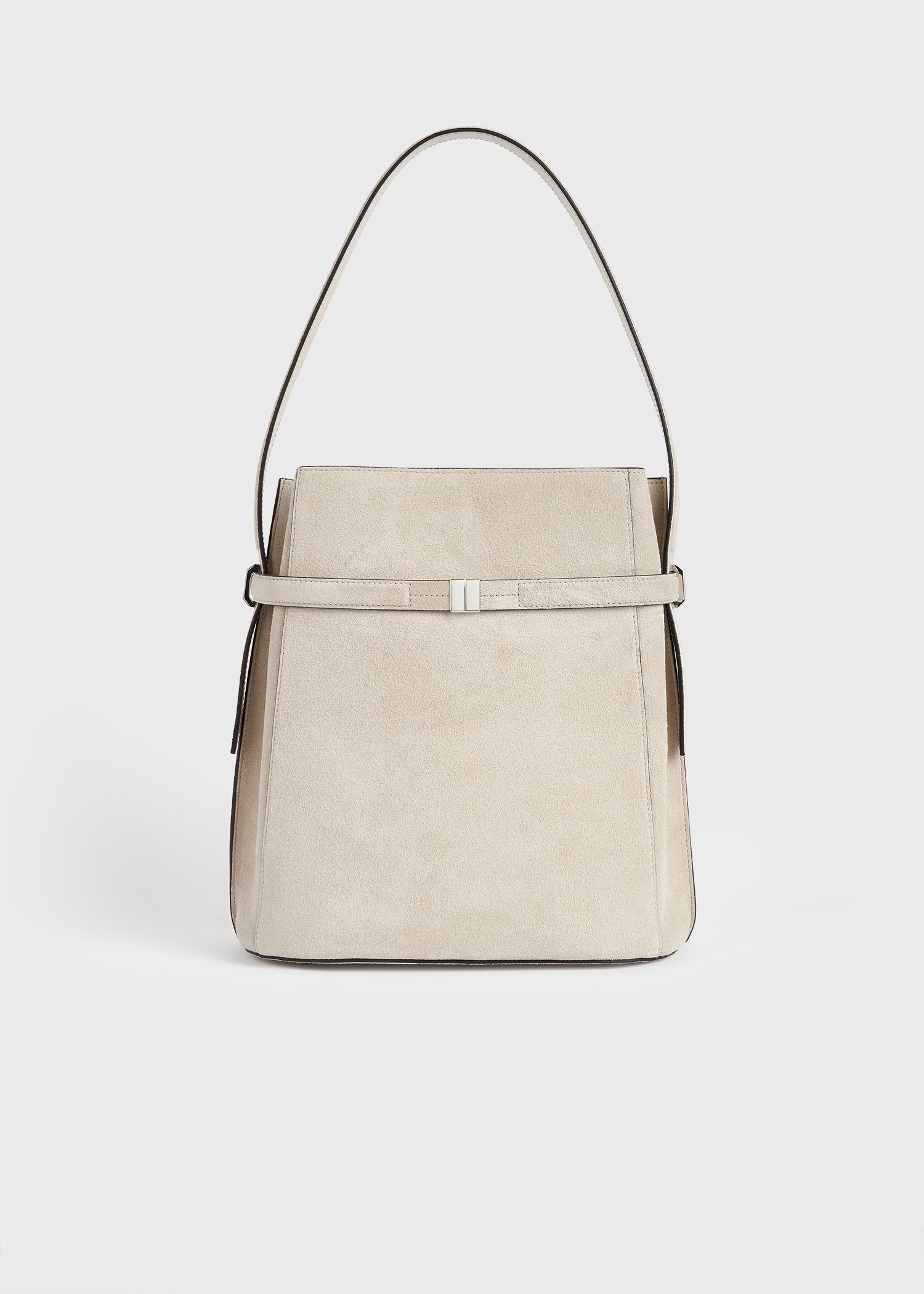 Belted suede bucket bag pearl