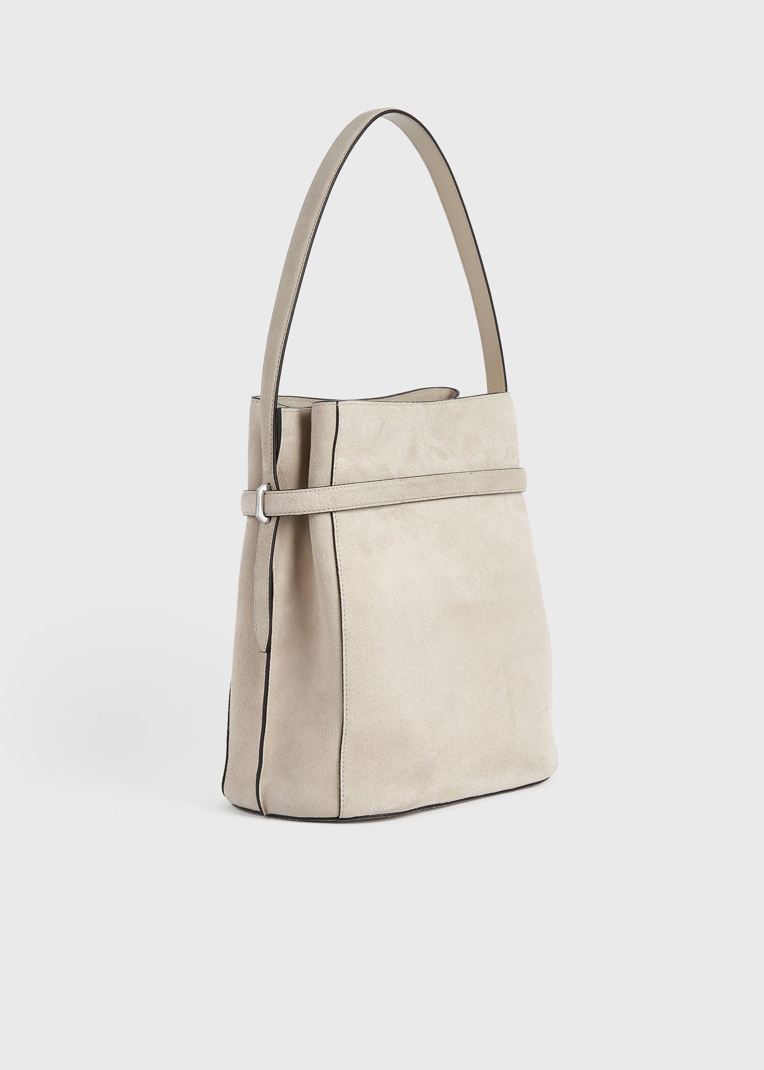 Belted suede bucket bag pearl
