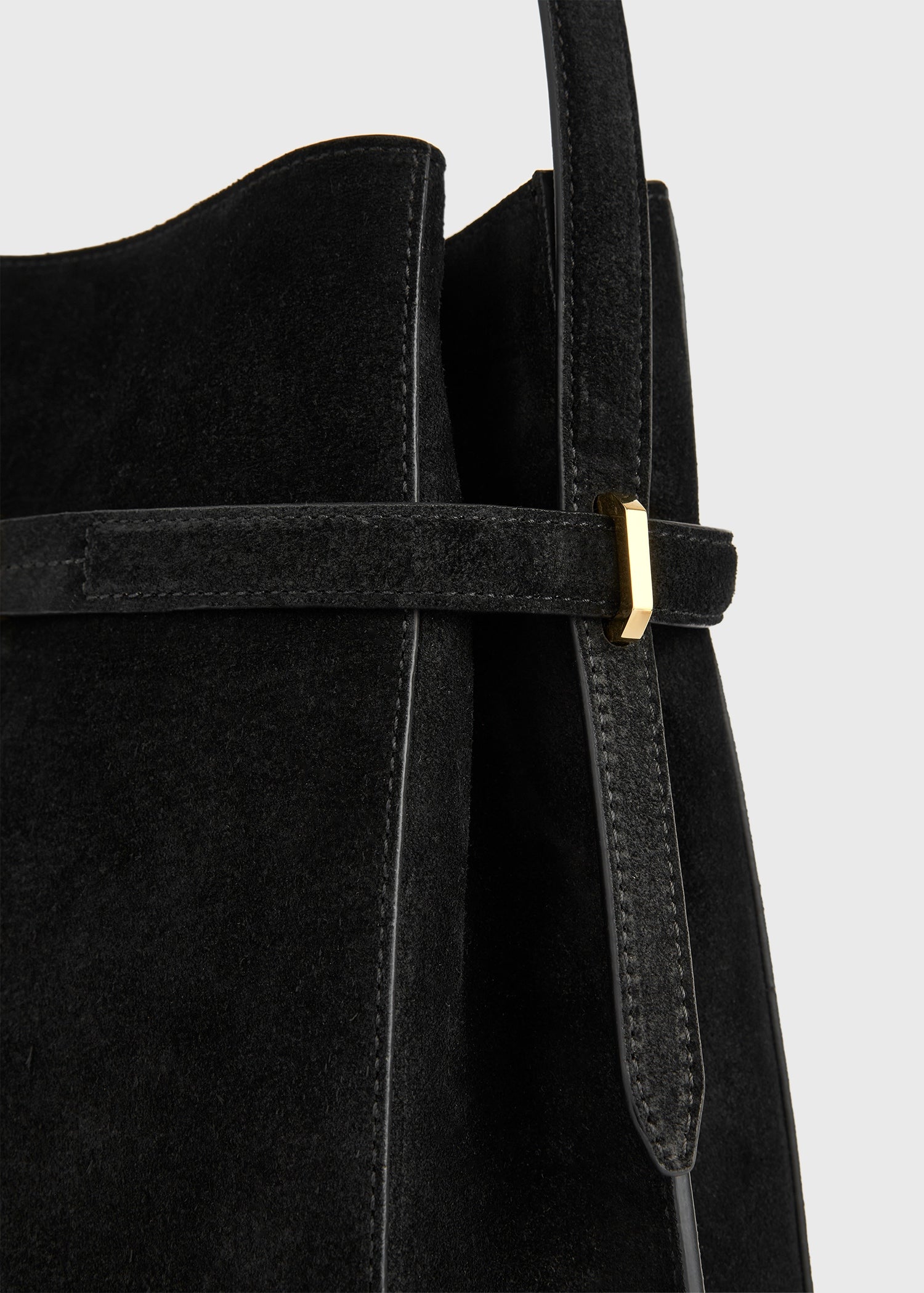 Belted suede bucket bag black