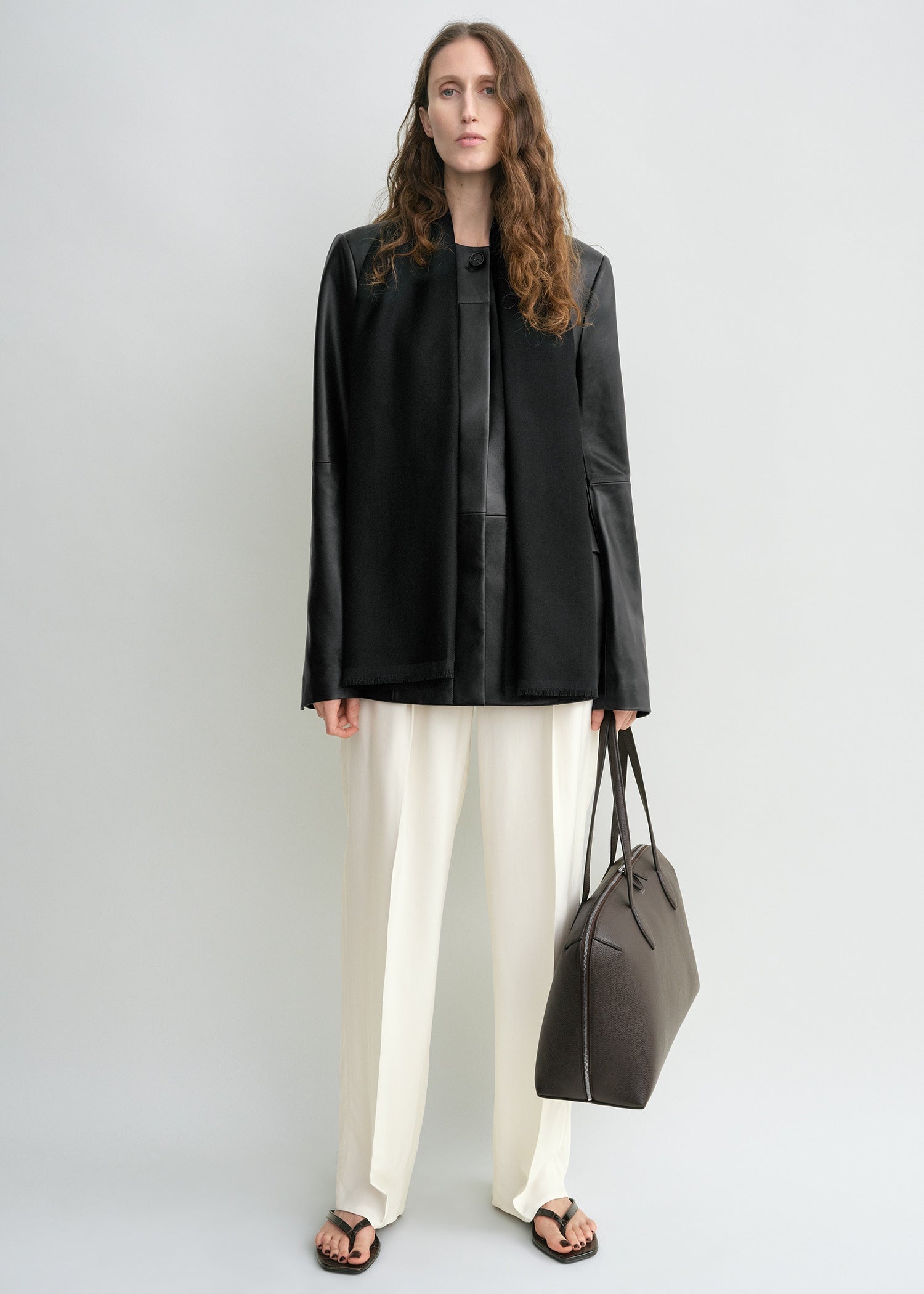 Collarless leather jacket black