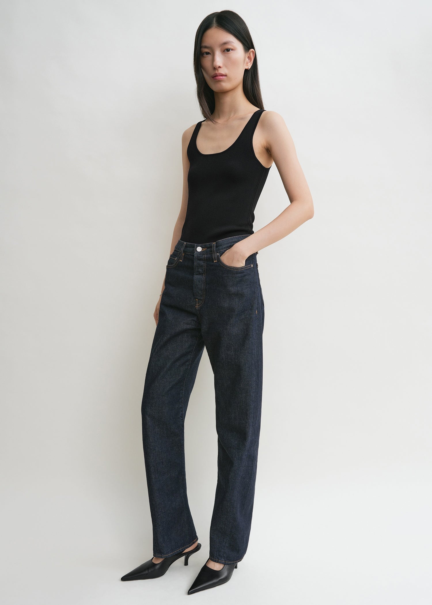 Twisted seam denim full length rinsed blue