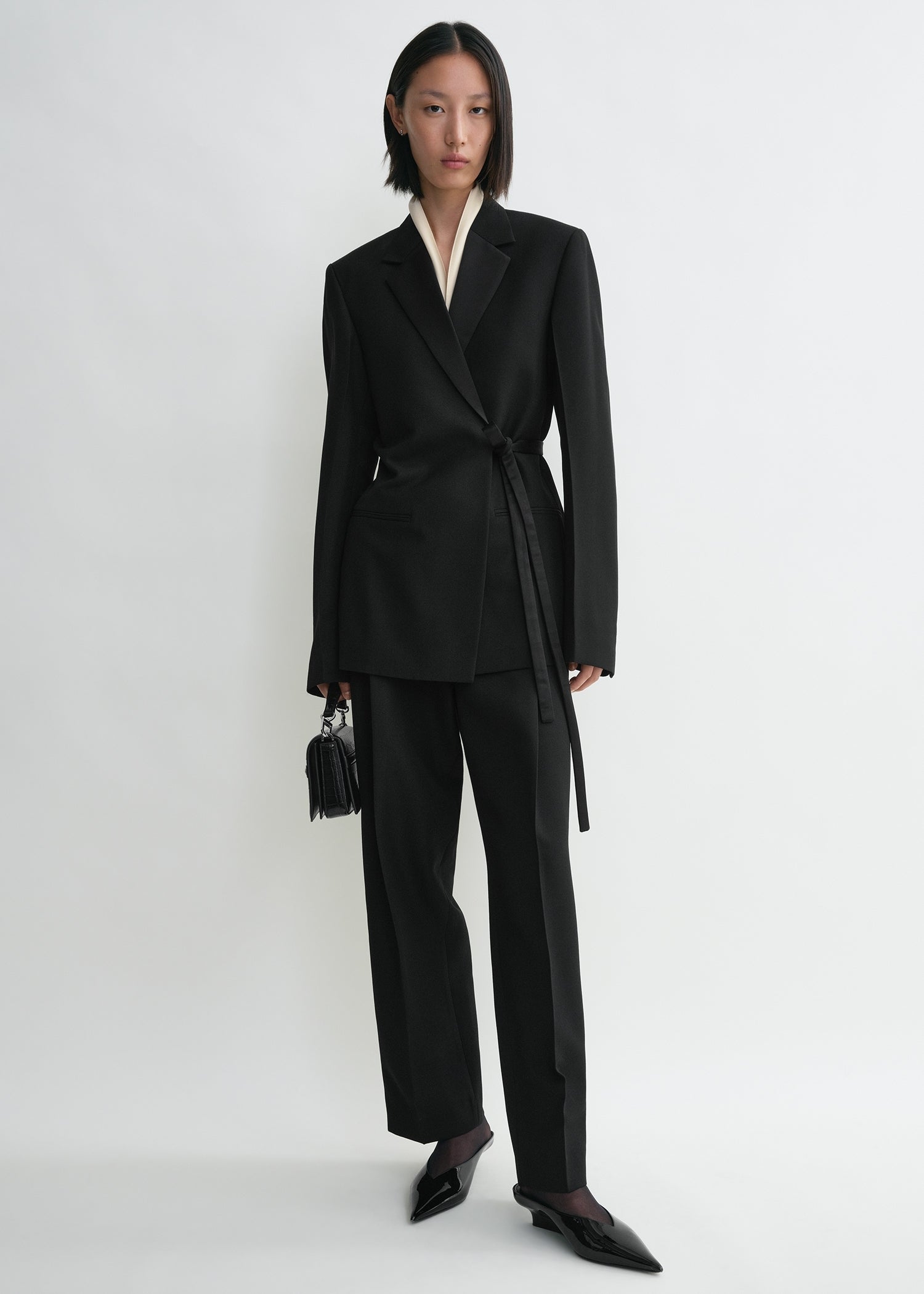 Satin-lapel wrap blazer black