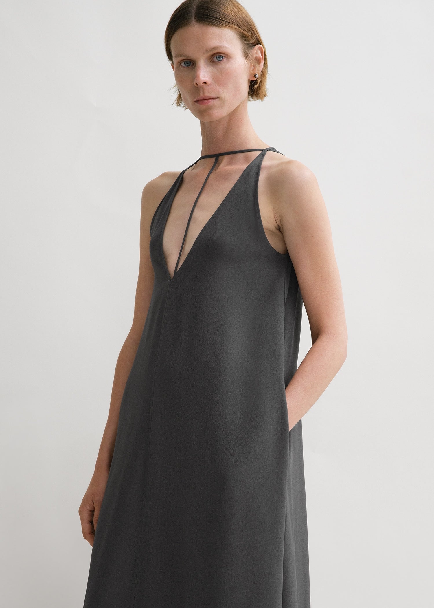 T-strap crepe-back satin dress lead
