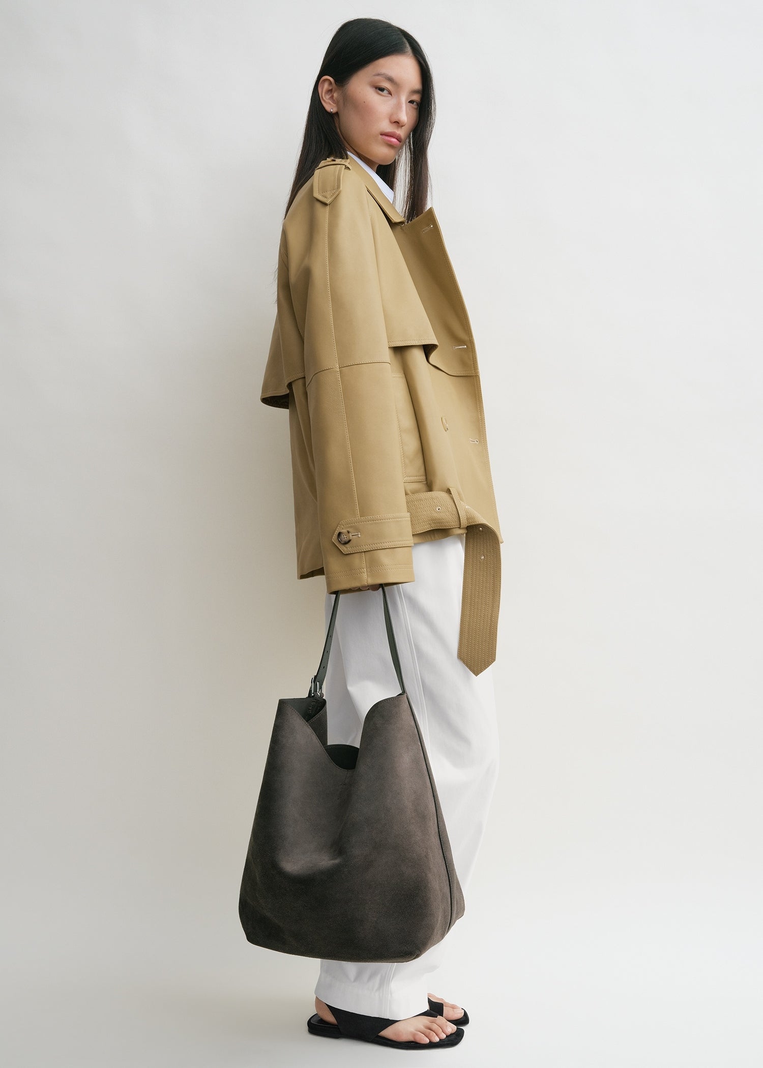 Belted suede tote granite