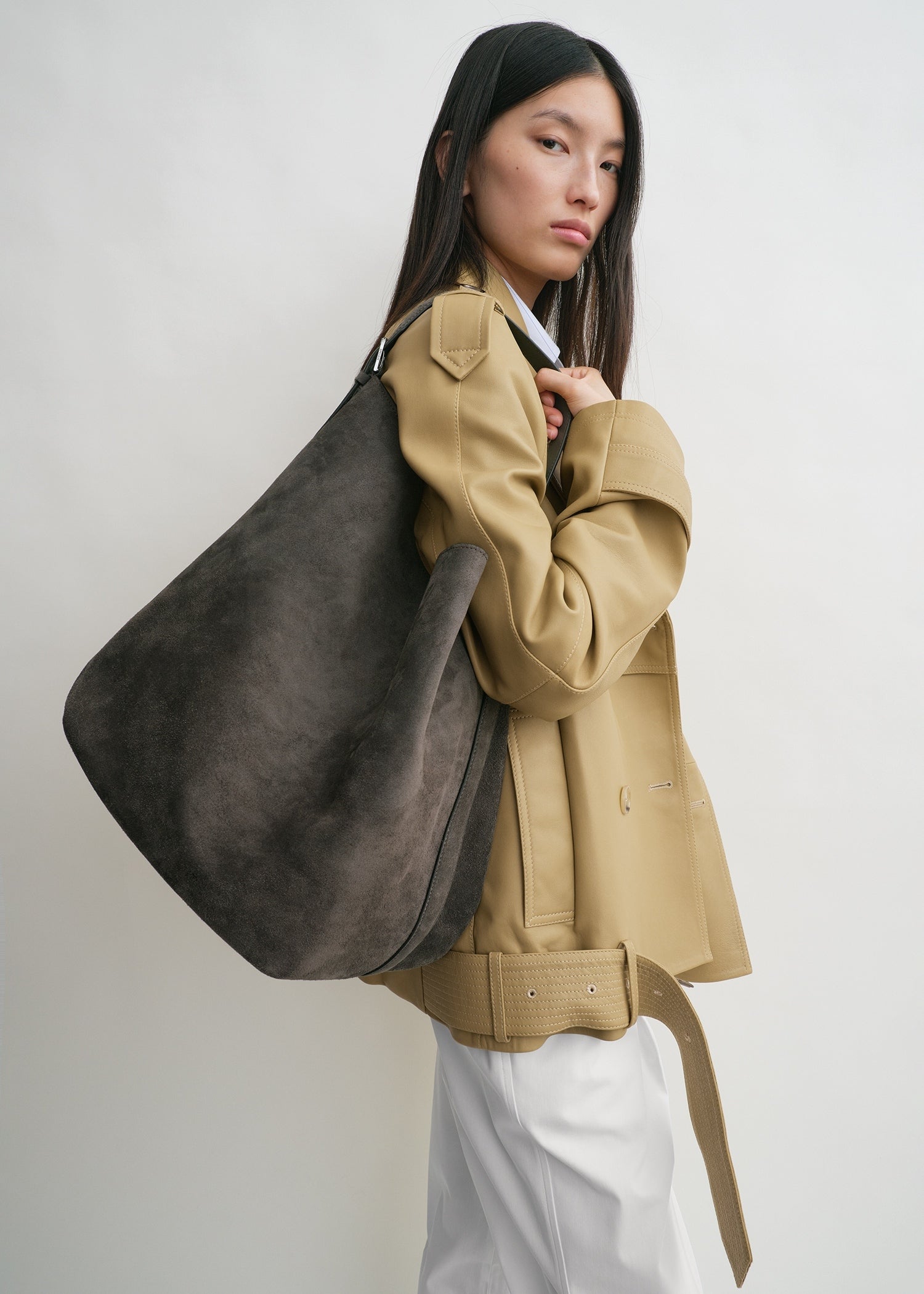 Belted suede tote granite