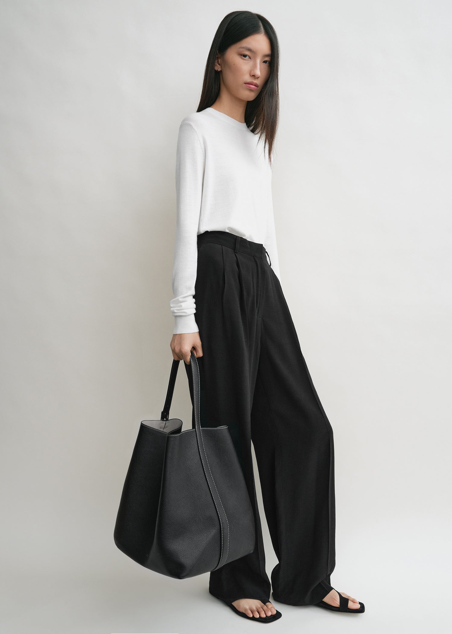 Belted grained-leather tote black