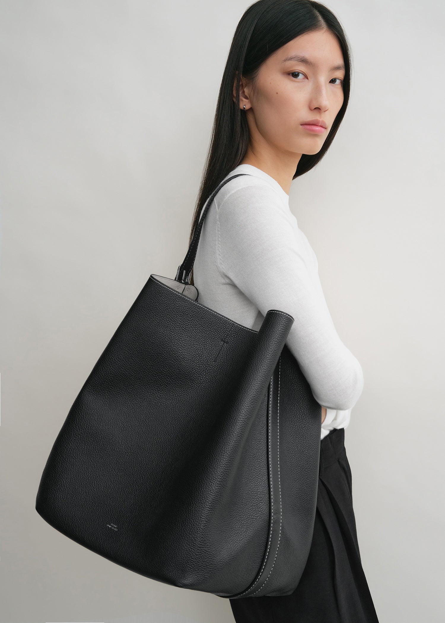 Belted grained-leather tote black
