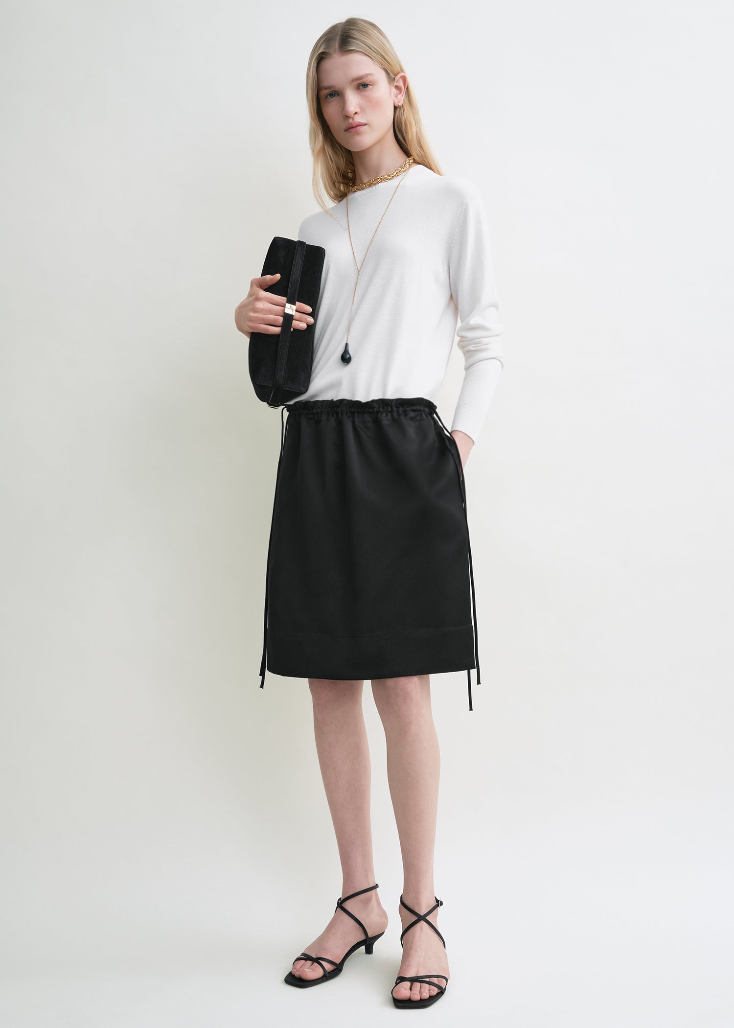 Drawstring satin mini skirt black
