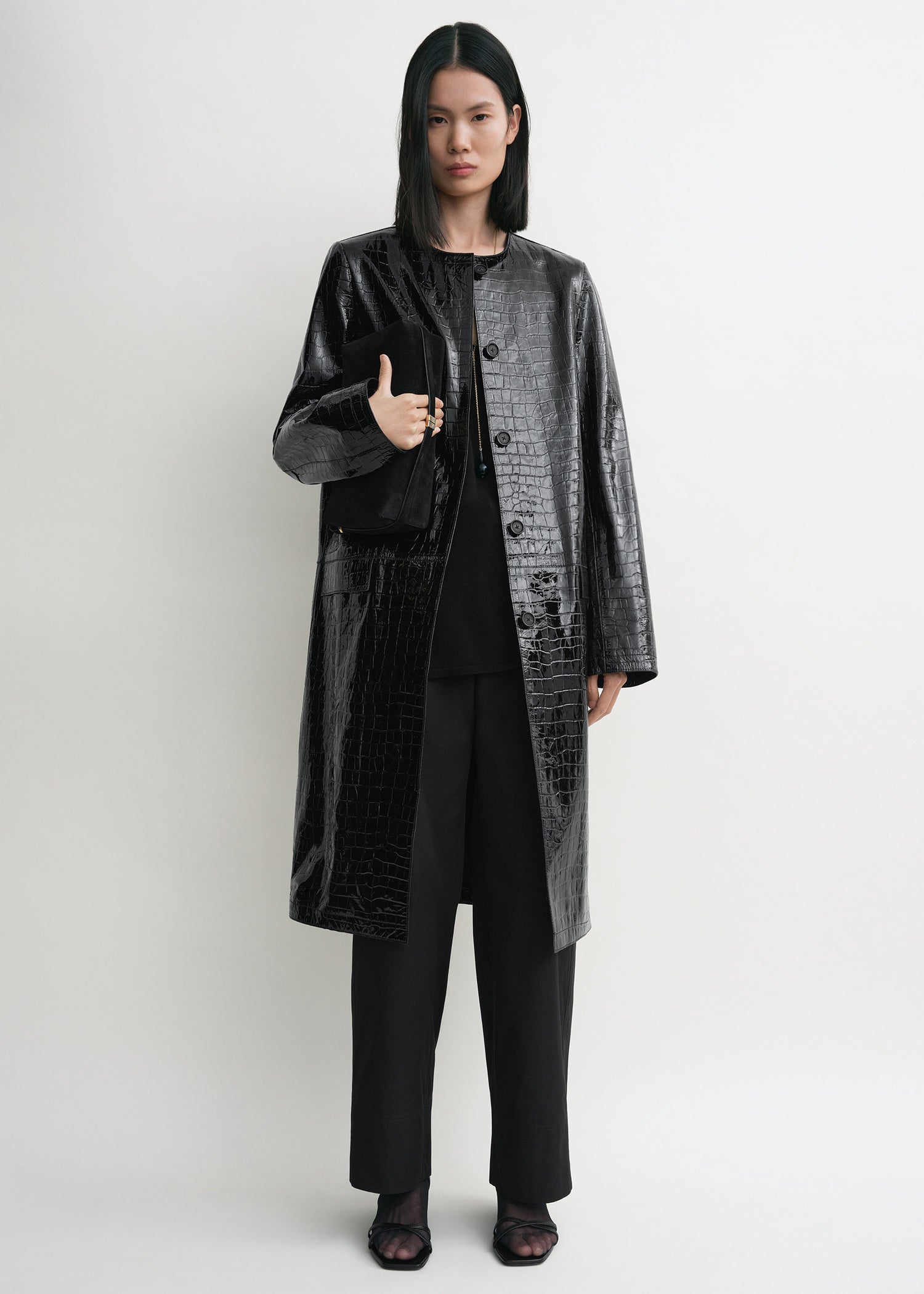 Croco-embossed coat black
