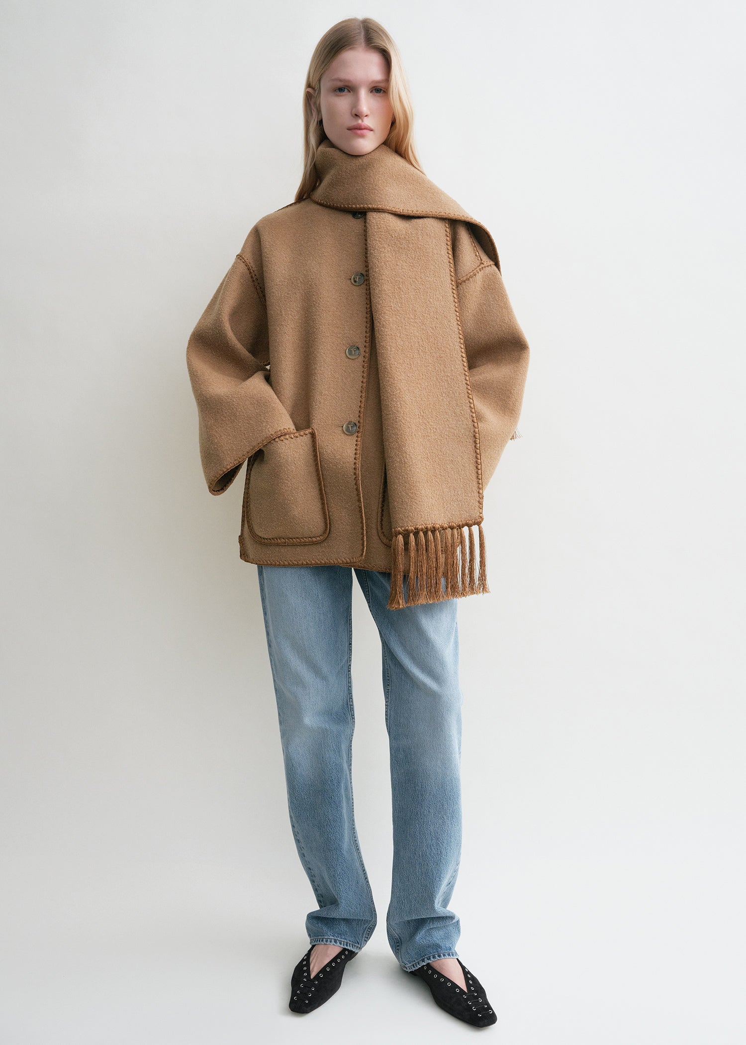 Embroidered scarf jacket camel