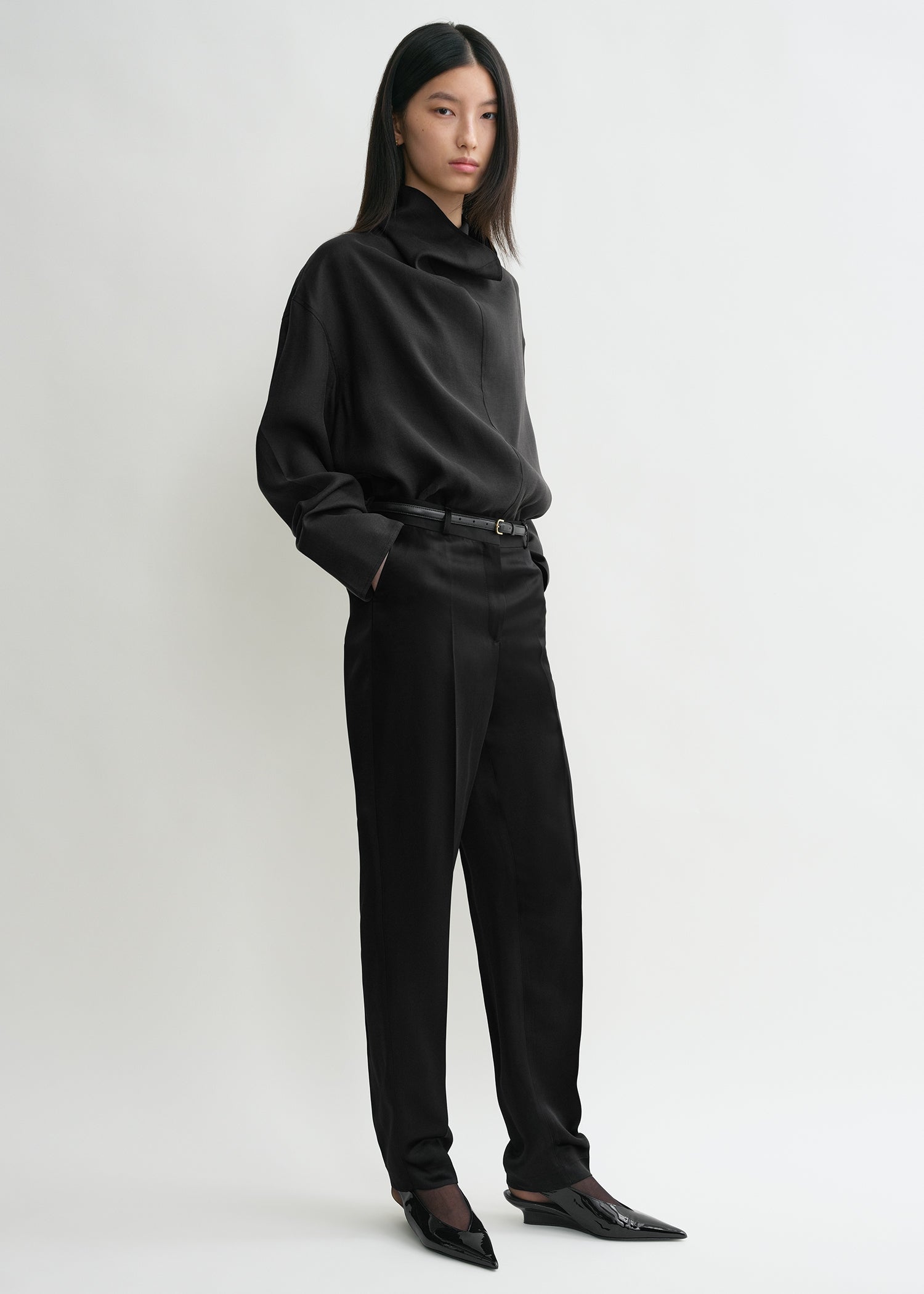 Funnel-neck organza blouse black