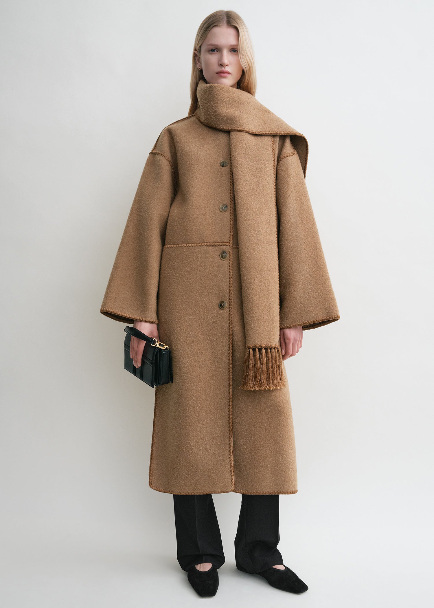 Embroidered scarf coat camel