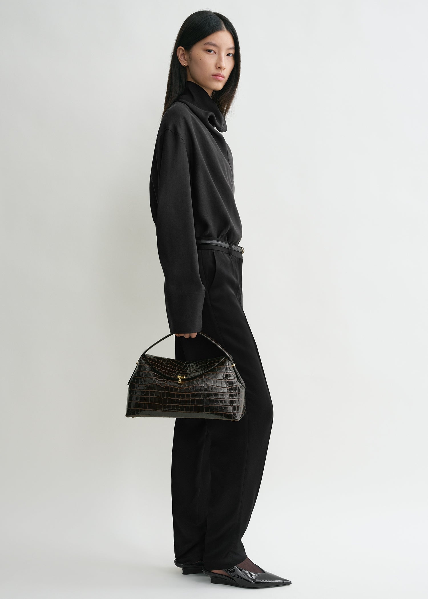T-lock croco-embossed top handle dark brown