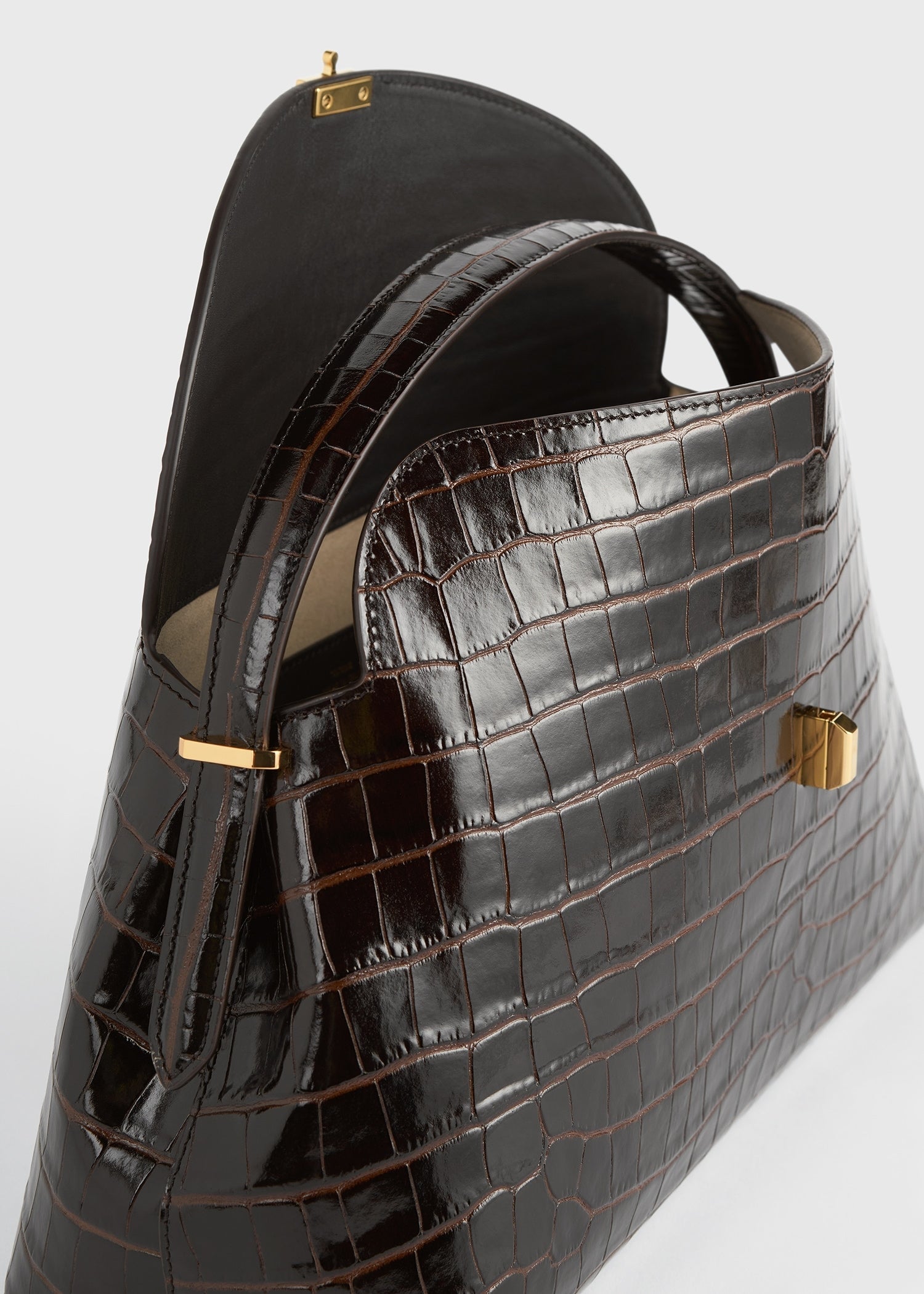 T-lock croco-embossed top handle dark brown