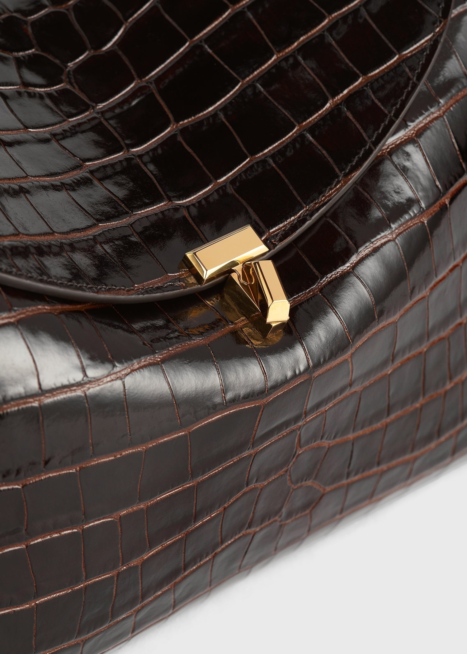 T-lock croco-embossed top handle dark brown