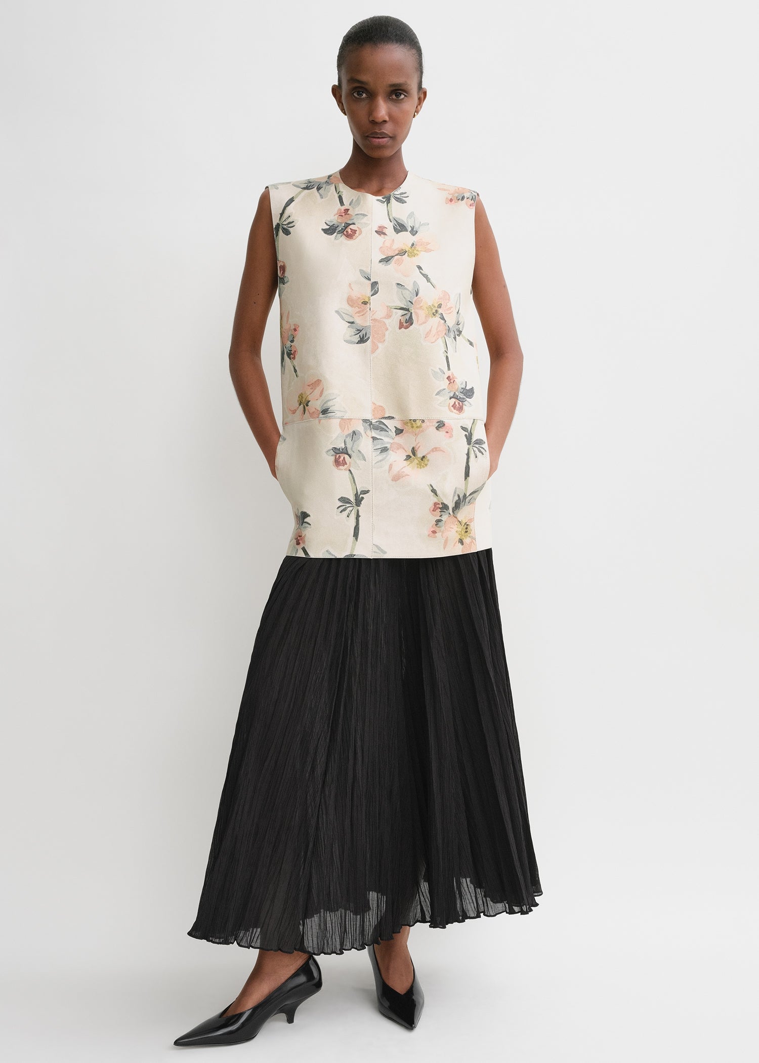 Double-faced leather top washed floral