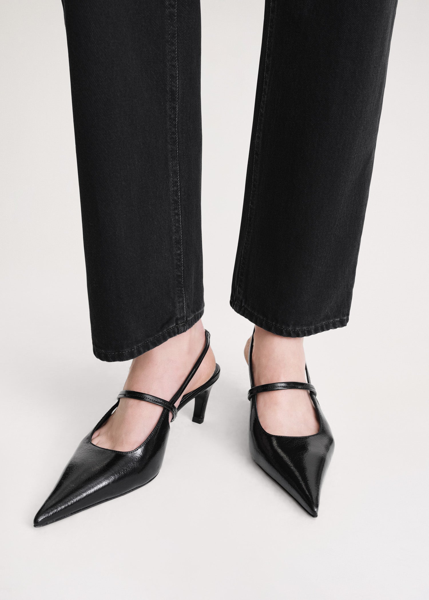 Sharp crackled-leather slingbacks black