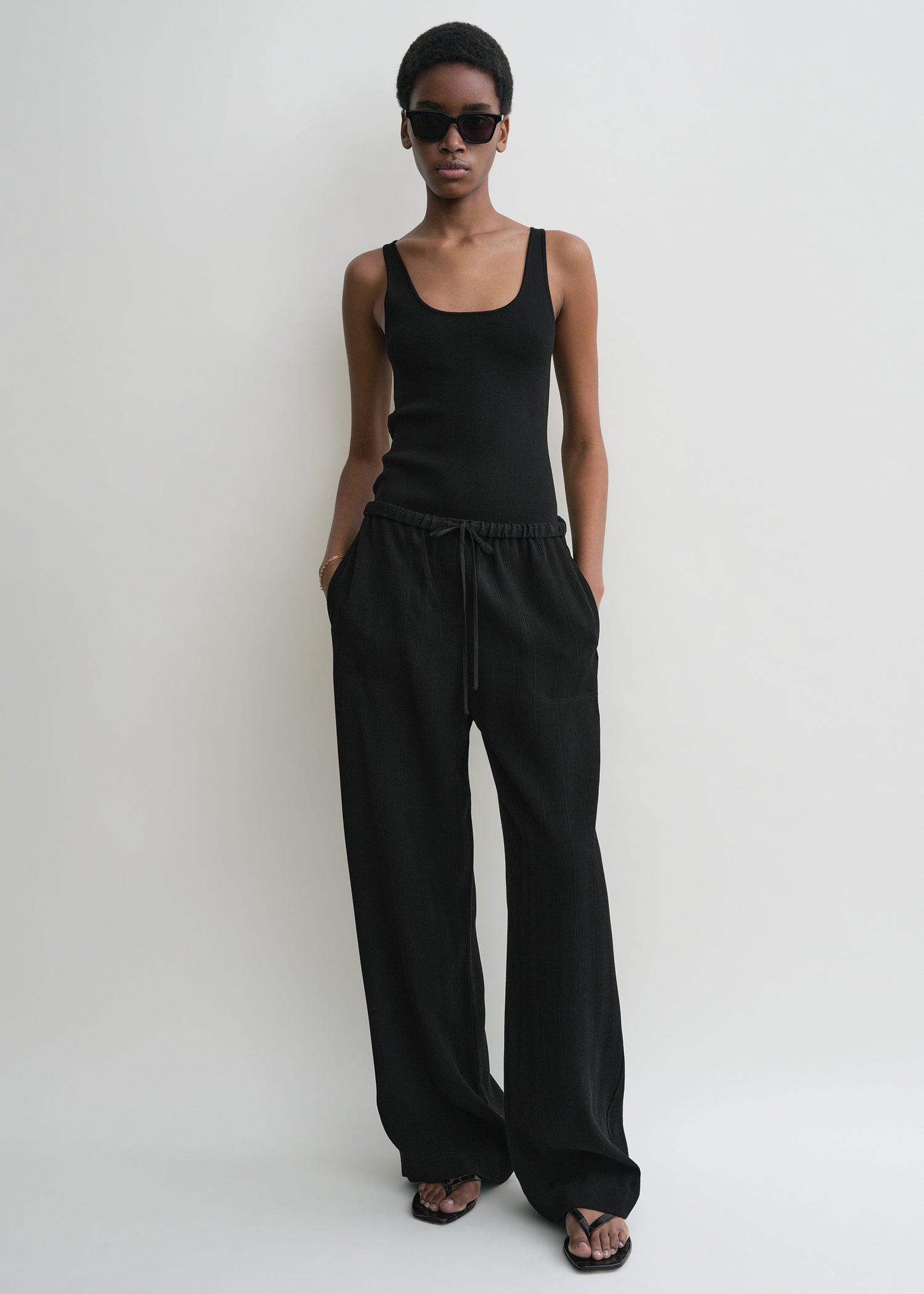 Woven stripe drawstring trousers black